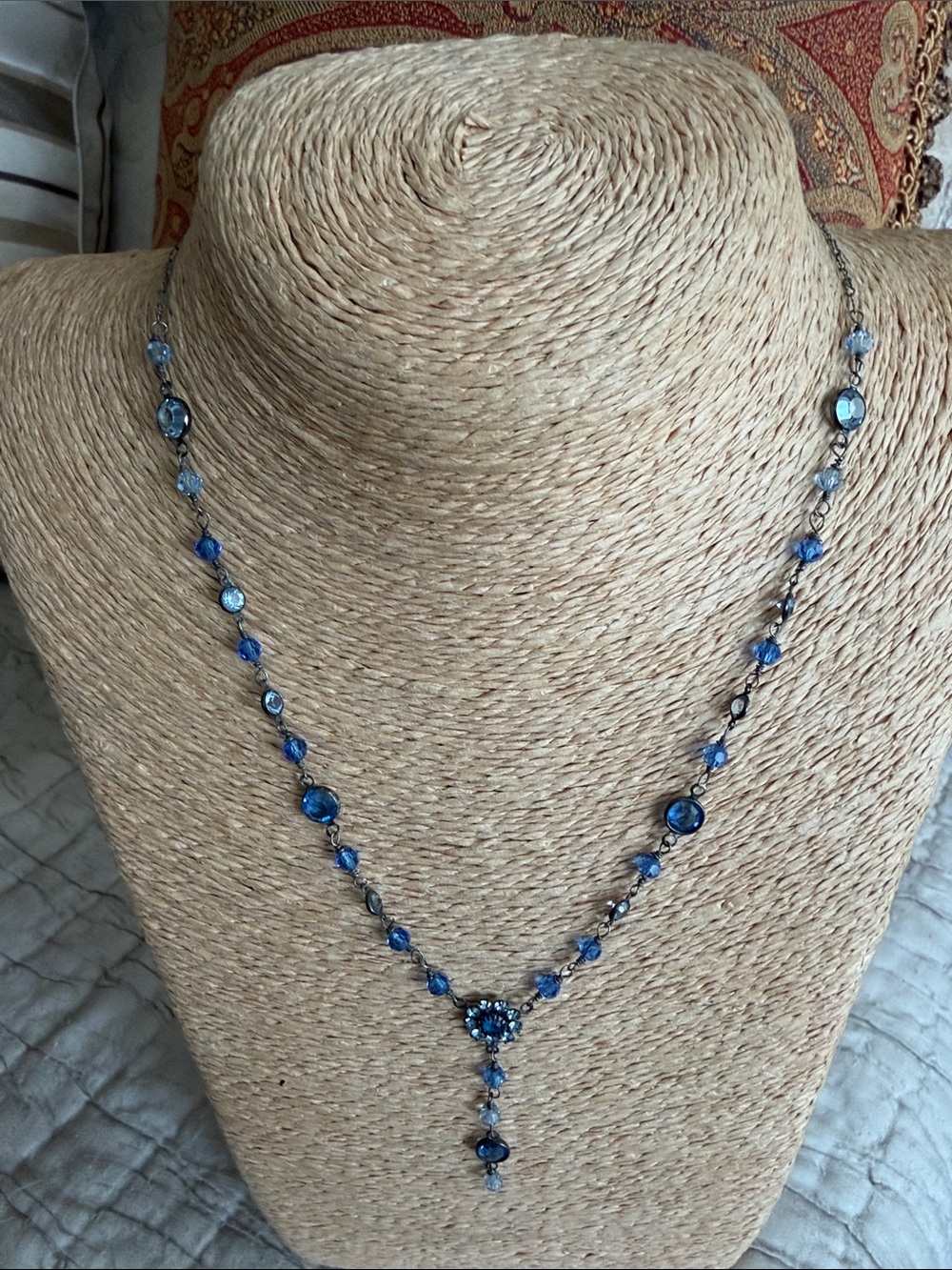 Crystal necklace blue ice cobalt floral center sterling silver oxidized - Picture 4 of 11